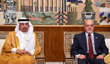 Saudi Investment Minister Khalid bin Abdulaziz Al-Falih (L) being received at Damascus International Airport on July 23, 2025. 